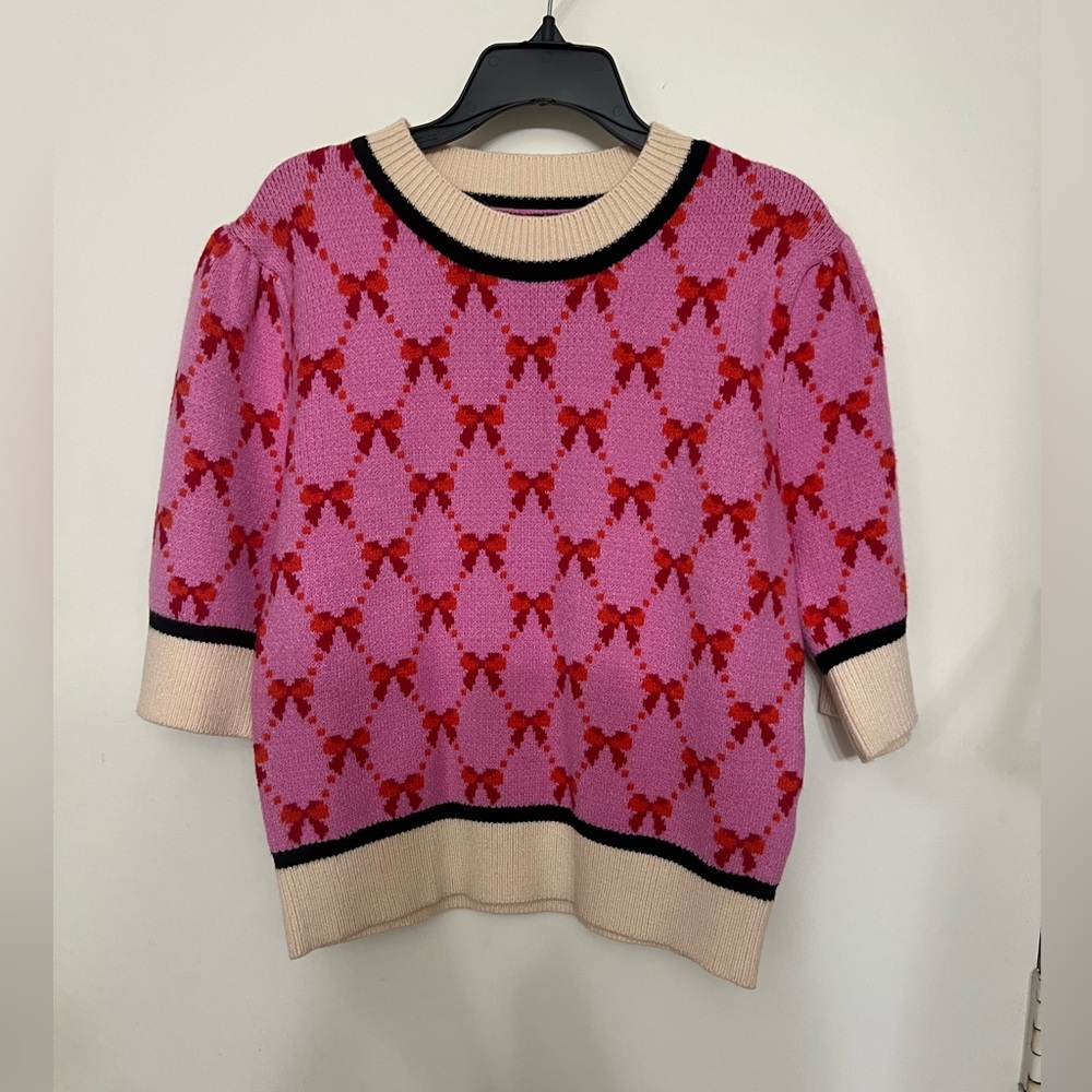 THML Pink and Red Bow Pattern Short Sleeve Sweater - Picture 3 of 4